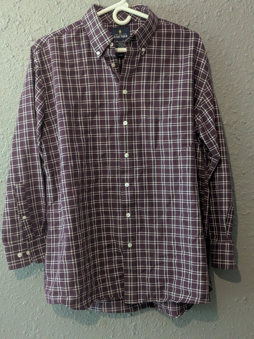 16.5 Stafford Men's Burgundy Plaid Button-Down Shirt